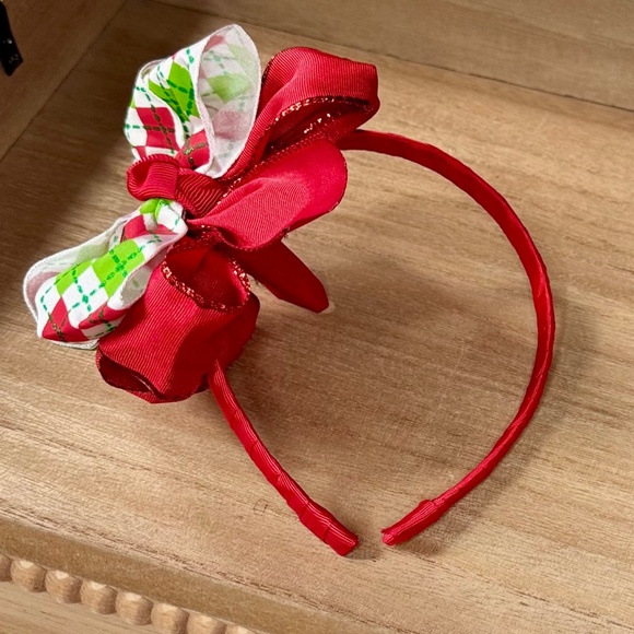 Girls Red & Green Argyle Christmas Bow Headband | Layered Bow Headband - Picture 3 of 9
